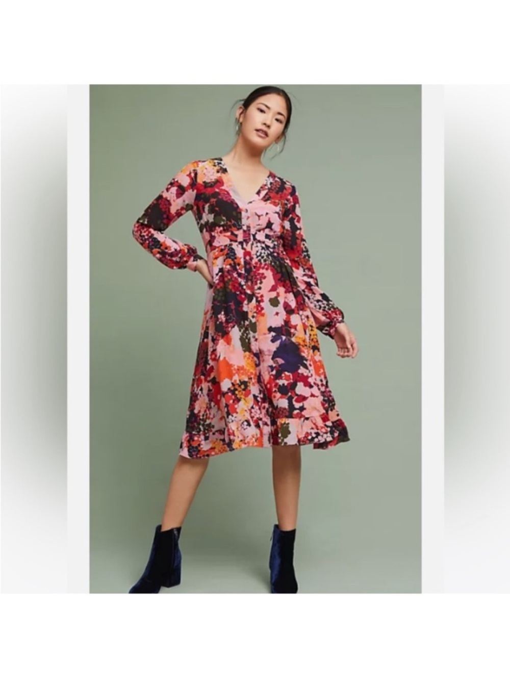 Maeve Floral V-Neck Silk Long Sleeve Midi Dress in Pink Multi